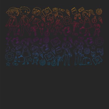 Seyahat ve plaj simgeleri ile Vektör desen. Küçük çocuklu ebeveynler. Çocuklar yaz tatili.