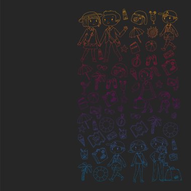 Seyahat ve plaj simgeleri ile Vektör desen. Küçük çocuklu ebeveynler. Çocuklar yaz tatili.