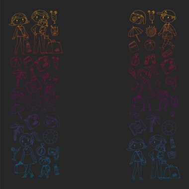 Seyahat ve plaj simgeleri ile Vektör desen. Küçük çocuklu ebeveynler. Çocuklar yaz tatili.