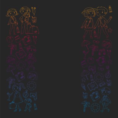 Seyahat ve plaj simgeleri ile Vektör desen. Küçük çocuklu ebeveynler. Çocuklar yaz tatili.