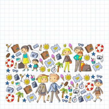 Seyahat ve plaj simgeleri ile Vektör desen. Küçük çocuklu ebeveynler. Çocuklar yaz tatili.