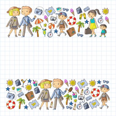 Seyahat ve plaj simgeleri ile Vektör desen. Küçük çocuklu ebeveynler. Çocuklar yaz tatili.