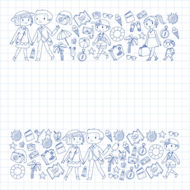 Seyahat ve plaj simgeleri ile Vektör desen. Küçük çocuklu ebeveynler. Çocuklar yaz tatili.