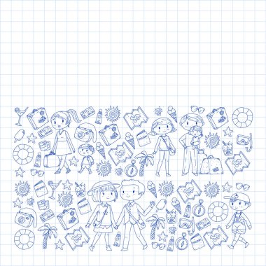 Seyahat ve plaj simgeleri ile Vektör desen. Küçük çocuklu ebeveynler. Çocuklar yaz tatili.