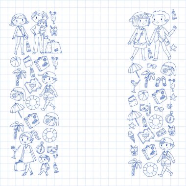 Seyahat ve plaj simgeleri ile Vektör desen. Küçük çocuklu ebeveynler. Çocuklar yaz tatili.