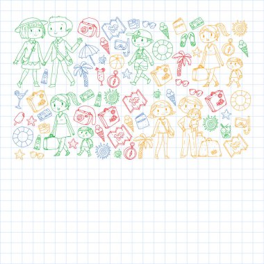 Seyahat ve plaj simgeleri ile Vektör desen. Küçük çocuklu ebeveynler. Çocuklar yaz tatili.