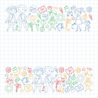 Seyahat ve plaj simgeleri ile Vektör desen. Küçük çocuklu ebeveynler. Çocuklar yaz tatili.