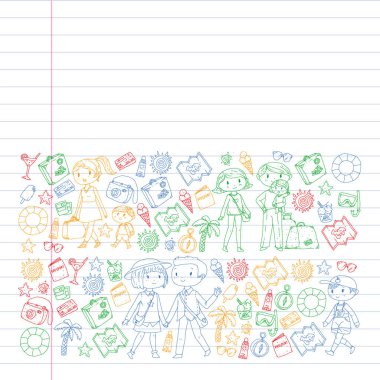 Seyahat ve plaj simgeleri ile Vektör desen. Küçük çocuklu ebeveynler. Çocuklar yaz tatili.