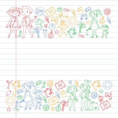 Seyahat ve plaj simgeleri ile Vektör desen. Küçük çocuklu ebeveynler. Çocuklar yaz tatili.