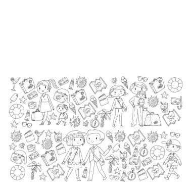 Seyahat ve plaj simgeleri ile Vektör desen. Küçük çocuklu ebeveynler. Çocuklar yaz tatili.