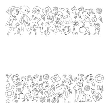 Seyahat ve plaj simgeleri ile Vektör desen. Küçük çocuklu ebeveynler. Çocuklar yaz tatili.