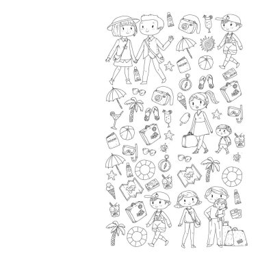 Seyahat ve plaj simgeleri ile Vektör desen. Küçük çocuklu ebeveynler. Çocuklar yaz tatili.