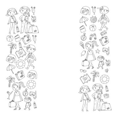 Seyahat ve plaj simgeleri ile Vektör desen. Küçük çocuklu ebeveynler. Çocuklar yaz tatili.