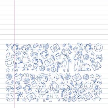 Seyahat ve plaj simgeleri ile Vektör desen. Küçük çocuklu ebeveynler. Çocuklar yaz tatili.