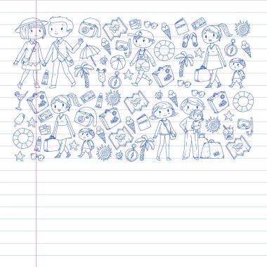 Seyahat ve plaj simgeleri ile Vektör desen. Küçük çocuklu ebeveynler. Çocuklar yaz tatili.