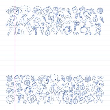 Seyahat ve plaj simgeleri ile Vektör desen. Küçük çocuklu ebeveynler. Çocuklar yaz tatili.