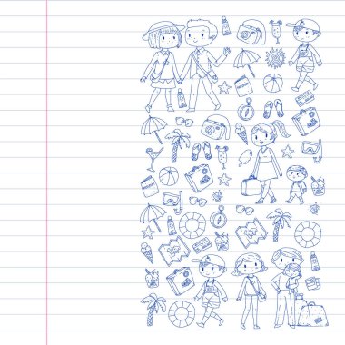 Seyahat ve plaj simgeleri ile Vektör desen. Küçük çocuklu ebeveynler. Çocuklar yaz tatili.