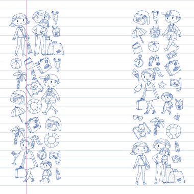 Seyahat ve plaj simgeleri ile Vektör desen. Küçük çocuklu ebeveynler. Çocuklar yaz tatili.