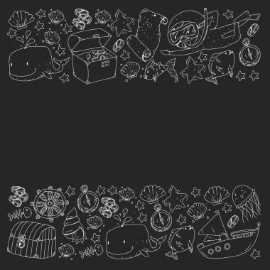 Su altı dalış ikonları ve korsan elementleriyle vektör ayarlandı. Hazine sandığı, gemi, ahtapot, dalgıç. Küçük oğlanlar ve anaokulu kızları yaz tatili ve macera.