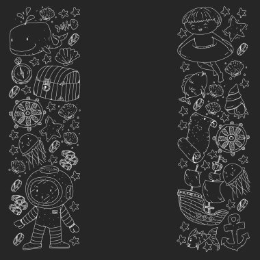 Su altı dalış ikonları ve korsan elementleriyle vektör ayarlandı. Hazine sandığı, gemi, ahtapot, dalgıç. Küçük oğlanlar ve anaokulu kızları yaz tatili ve macera.