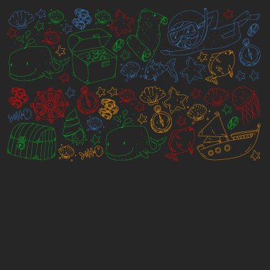 Su altı dalış ikonları ve korsan elementleriyle vektör ayarlandı. Hazine sandığı, gemi, ahtapot, dalgıç. Küçük oğlanlar ve anaokulu kızları yaz tatili ve macera.