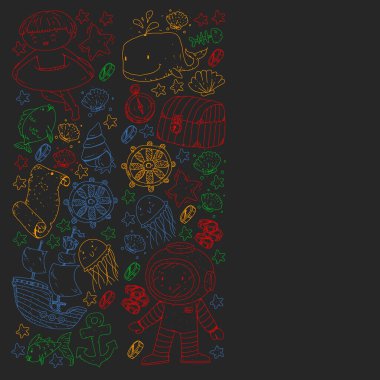 Su altı dalış ikonları ve korsan elementleriyle vektör ayarlandı. Hazine sandığı, gemi, ahtapot, dalgıç. Küçük oğlanlar ve anaokulu kızları yaz tatili ve macera.