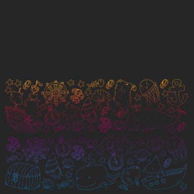 Su altı dalış ikonları ve korsan elementleriyle vektör ayarlandı. Hazine sandığı, gemi, ahtapot, dalgıç. Küçük oğlanlar ve anaokulu kızları yaz tatili ve macera.