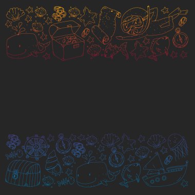 Su altı dalış ikonları ve korsan elementleriyle vektör ayarlandı. Hazine sandığı, gemi, ahtapot, dalgıç. Küçük oğlanlar ve anaokulu kızları yaz tatili ve macera.