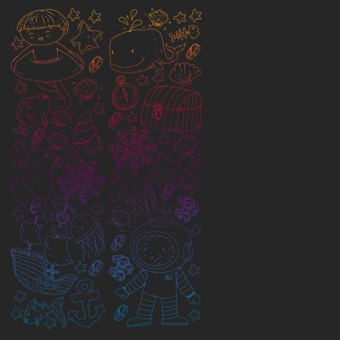 Su altı dalış ikonları ve korsan elementleriyle vektör ayarlandı. Hazine sandığı, gemi, ahtapot, dalgıç. Küçük oğlanlar ve anaokulu kızları yaz tatili ve macera.