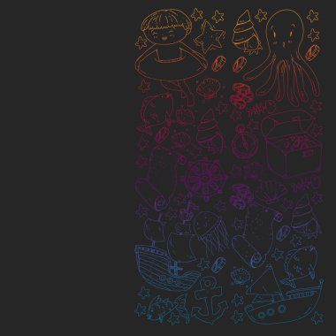 Su altı dalış ikonları ve korsan elementleriyle vektör ayarlandı. Hazine sandığı, gemi, ahtapot, dalgıç. Küçük oğlanlar ve anaokulu kızları yaz tatili ve macera.