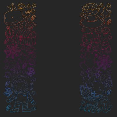 Su altı dalış ikonları ve korsan elementleriyle vektör ayarlandı. Hazine sandığı, gemi, ahtapot, dalgıç. Küçük oğlanlar ve anaokulu kızları yaz tatili ve macera.