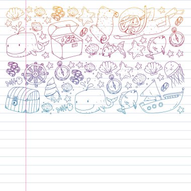 Su altı dalış ikonları ve korsan elementleriyle vektör ayarlandı. Hazine sandığı, gemi, ahtapot, dalgıç. Küçük oğlanlar ve anaokulu kızları yaz tatili ve macera.