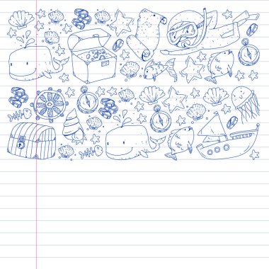 Su altı dalış ikonları ve korsan elementleriyle vektör ayarlandı. Hazine sandığı, gemi, ahtapot, dalgıç. Küçük oğlanlar ve anaokulu kızları yaz tatili ve macera.