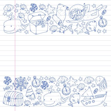 Su altı dalış ikonları ve korsan elementleriyle vektör ayarlandı. Hazine sandığı, gemi, ahtapot, dalgıç. Küçük oğlanlar ve anaokulu kızları yaz tatili ve macera.