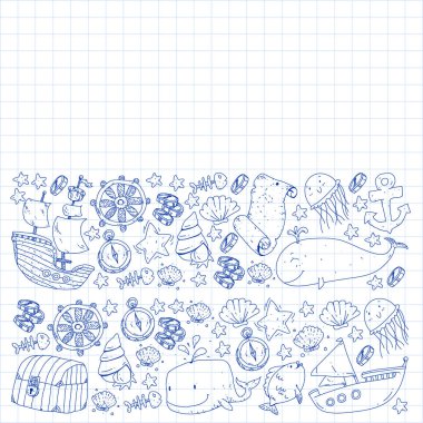 Su altı dalış ikonları ve korsan elementleriyle vektör ayarlandı. Hazine sandığı, gemi, ahtapot, dalgıç. Küçük oğlanlar ve anaokulu kızları yaz tatili ve macera.