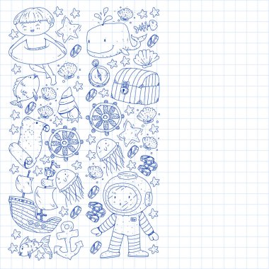 Su altı dalış ikonları ve korsan elementleriyle vektör ayarlandı. Hazine sandığı, gemi, ahtapot, dalgıç. Küçük oğlanlar ve anaokulu kızları yaz tatili ve macera.