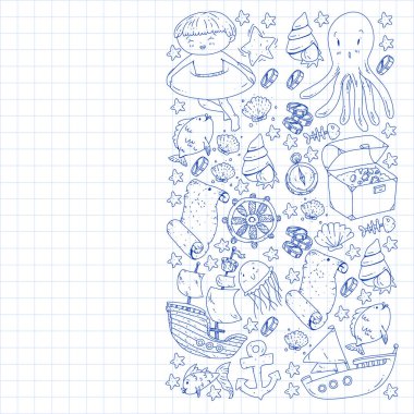 Su altı dalış ikonları ve korsan elementleriyle vektör ayarlandı. Hazine sandığı, gemi, ahtapot, dalgıç. Küçük oğlanlar ve anaokulu kızları yaz tatili ve macera.