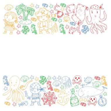 Korsan partisi. Küçük çocuklar için çizimler. Hazine adası, ahtapot, korsanlar ile Çocuk doğum günü kutlaması