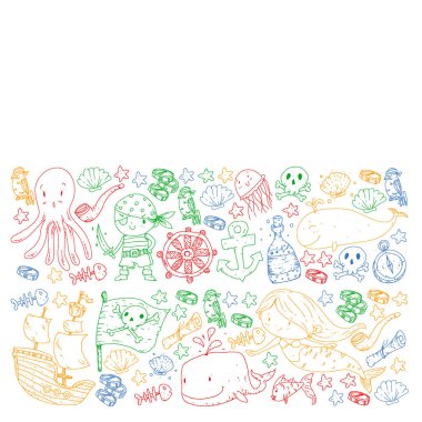 Korsan partisi. Küçük çocuklar için çizimler. Hazine adası, ahtapot, korsanlar ile Çocuk doğum günü kutlaması