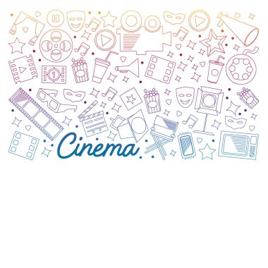 Sinema, video. Vektör simgelerinin karalama kümesi. Megafon, kamera, film. Müzikal tiyatro, girişken.