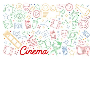 Sinema, video. Vektör simgelerinin karalama kümesi. Megafon, kamera, film. Müzikal tiyatro, girişken.