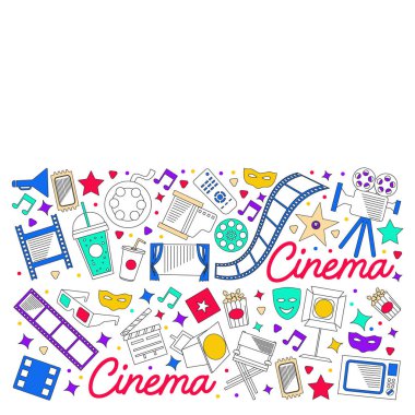 Sinema, video. Vektör simgelerinin karalama kümesi. Megafon, kamera, film. Müzikal tiyatro, girişken.