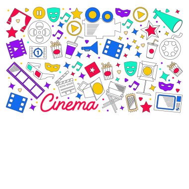 Sinema, video. Vektör simgelerinin karalama kümesi. Megafon, kamera, film. Müzikal tiyatro, girişken.