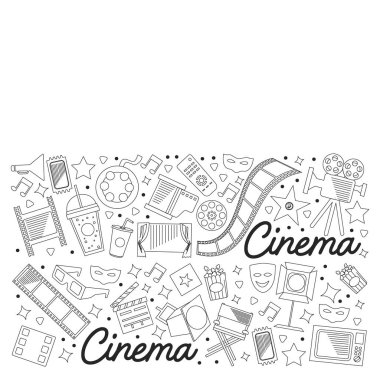 Sinema, video. Vektör simgelerinin karalama kümesi. Megafon, kamera, film. Müzikal tiyatro, girişken.