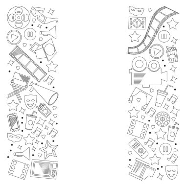 Sinema, video. Vektör simgelerinin karalama kümesi. Megafon, kamera, film. Müzikal tiyatro, girişken.