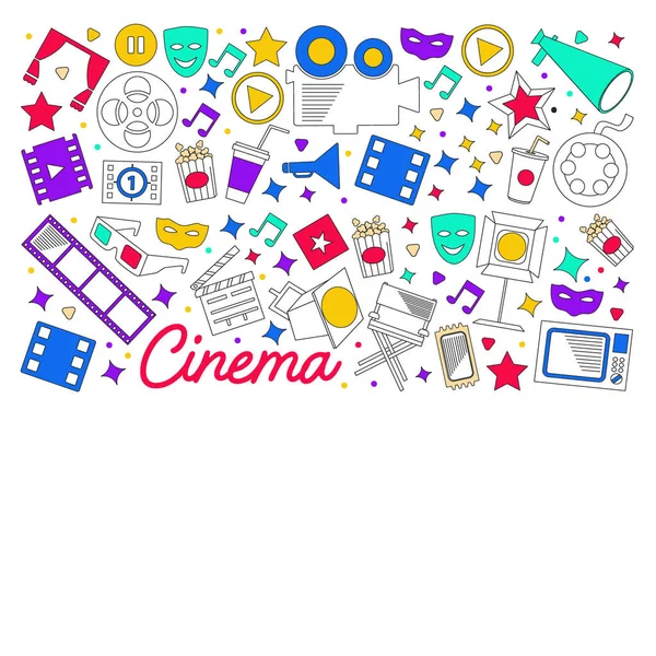 Cine, video. Doodle conjunto de iconos vectoriales. Megáfono, cámara, película. Teatro musical, entretenimiento.. — Archivo Imágenes Vectoriales