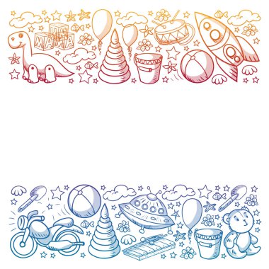 Küçük anaokulu çocukları için oyuncaklarla vektör deseni. Dinozor, oyuncak ayı, roket, gemi, uçak, balon, araba, motosiklet, kamyon..