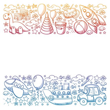 Küçük anaokulu çocukları için oyuncaklarla vektör deseni. Dinozor, oyuncak ayı, roket, gemi, uçak, balon, araba, motosiklet, kamyon..