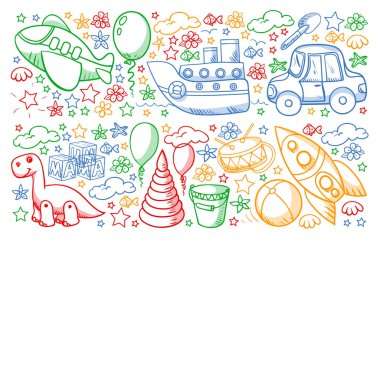 Küçük anaokulu çocukları için oyuncaklarla vektör deseni. Dinozor, oyuncak ayı, roket, gemi, uçak, balon, araba, motosiklet, kamyon..