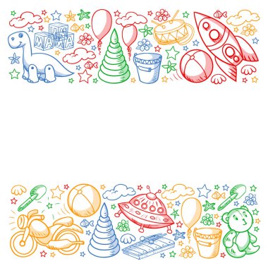 Küçük anaokulu çocukları için oyuncaklarla vektör deseni. Dinozor, oyuncak ayı, roket, gemi, uçak, balon, araba, motosiklet, kamyon..